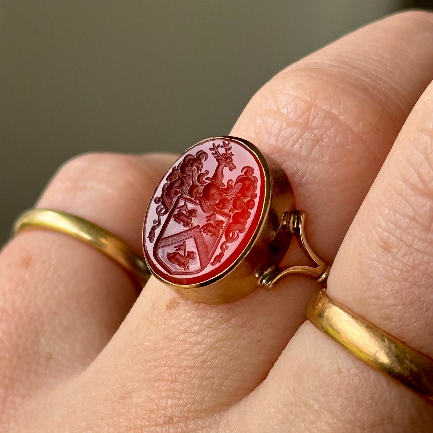 Vintage Ornate Carnelian Intaglio Ring in 9 Carat Gold; Circa 1989