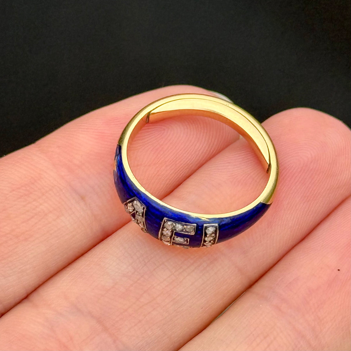 Antique Victorian Sentimental 'AEI' Ring in 18 Carat Gold; circa 1860