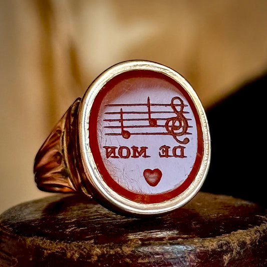 Antique Carnelian Rebus Intaglio Ring in 9 Carat Gold