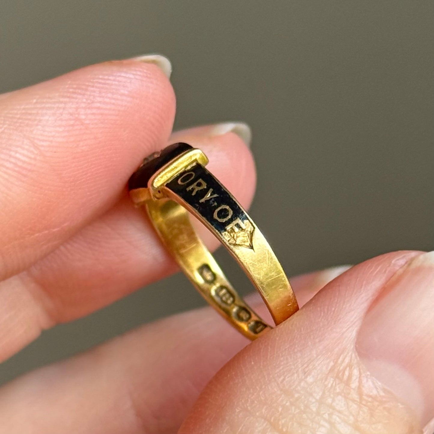 Antique Victorian Diamond Enamel Mourning Ring in 18 Carat Gold; Circa 1894