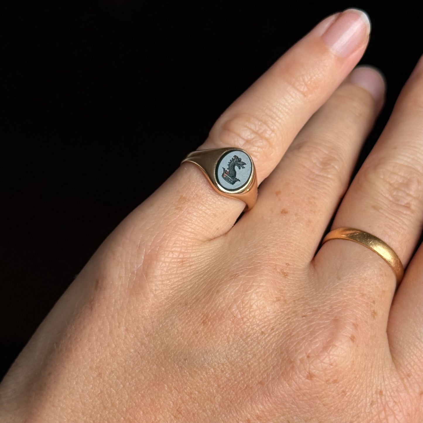 Antique Dragon Intaglio Signet Ring; Circa 1900