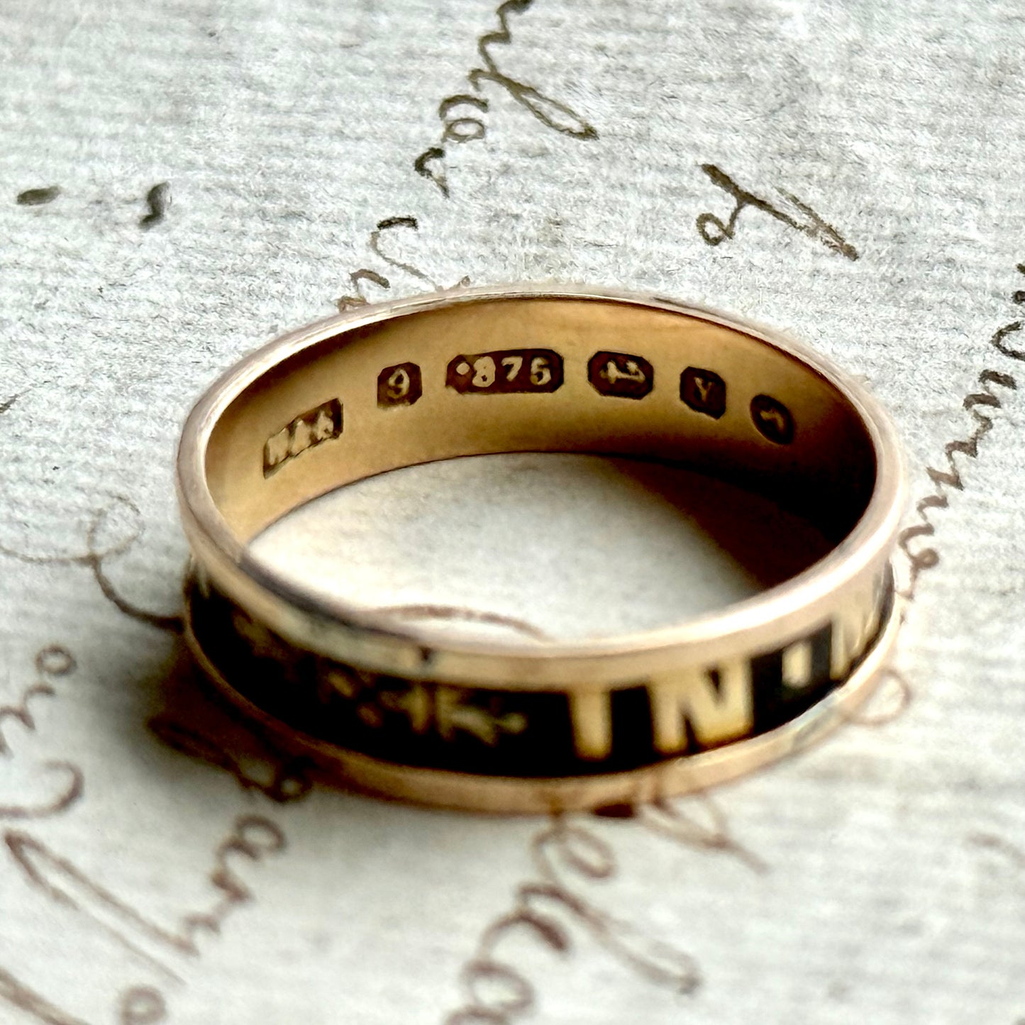 Antique Victorian Enamel Mourning Ring in 9 Carat Gold; Circa 1873
