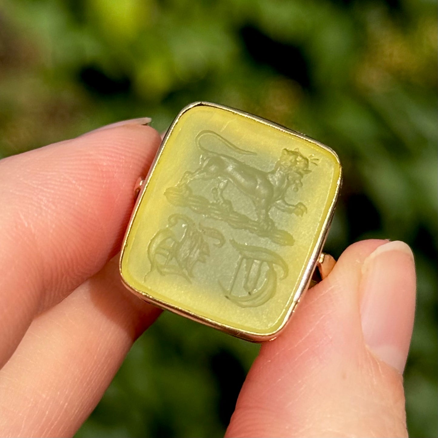 Antique Chrysoprase Intaglio Lion Ring in 9 Carat Gold; Circa 1900