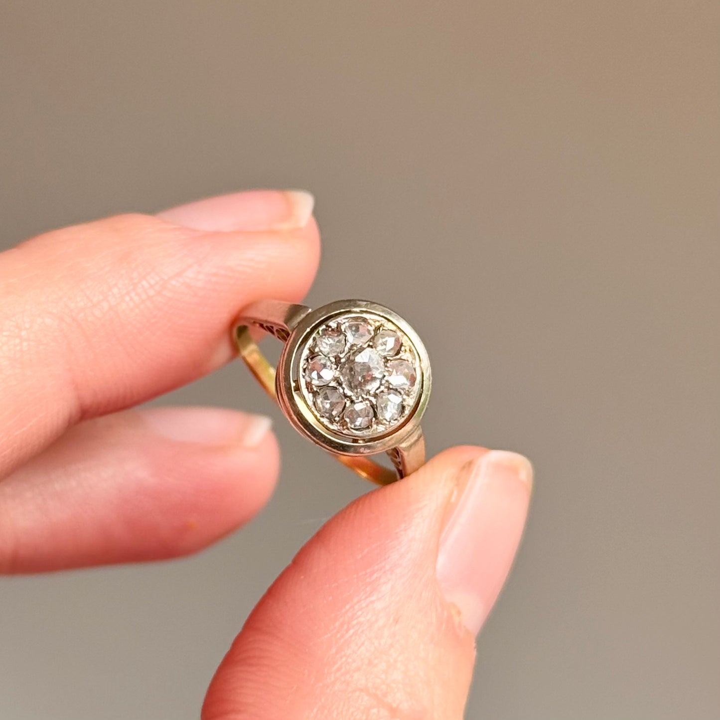 Antique Rose Cut Cluster Ring in 9 Carat Gold; Circa 1895