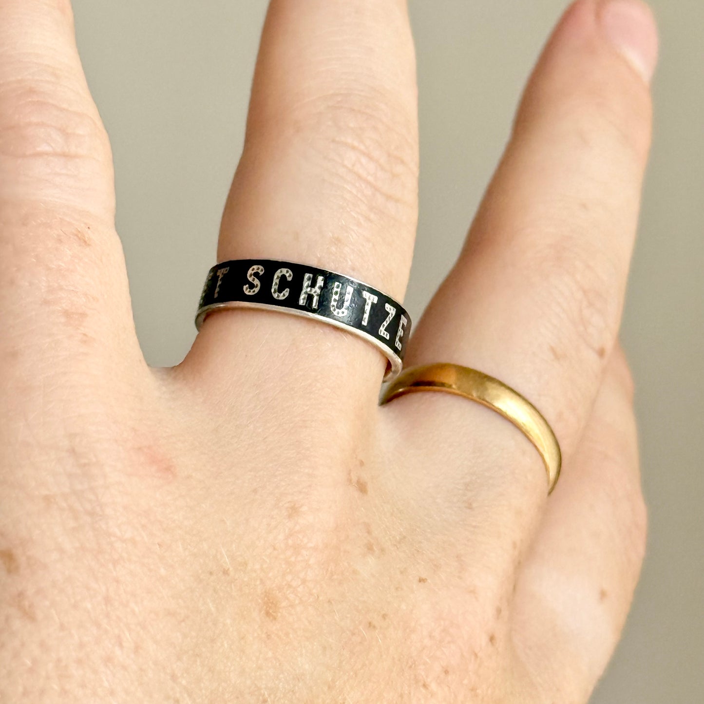 Victorian 'Gott Schütze Dich' Enamel Ring In Silver; Circa 1880