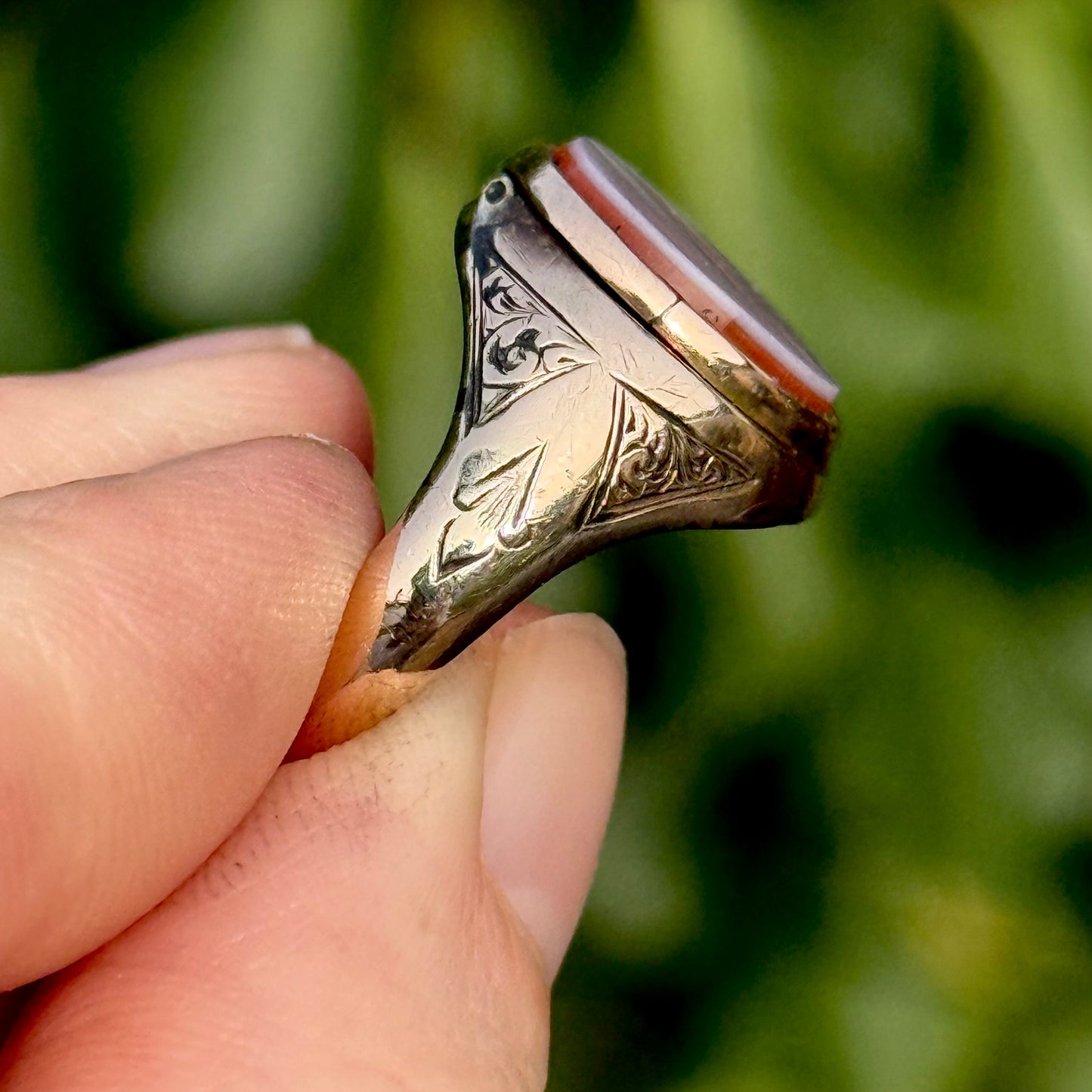 Antique Poison Sardonyx Signet Ring  in 10 Carat Gold; Circa 1870
