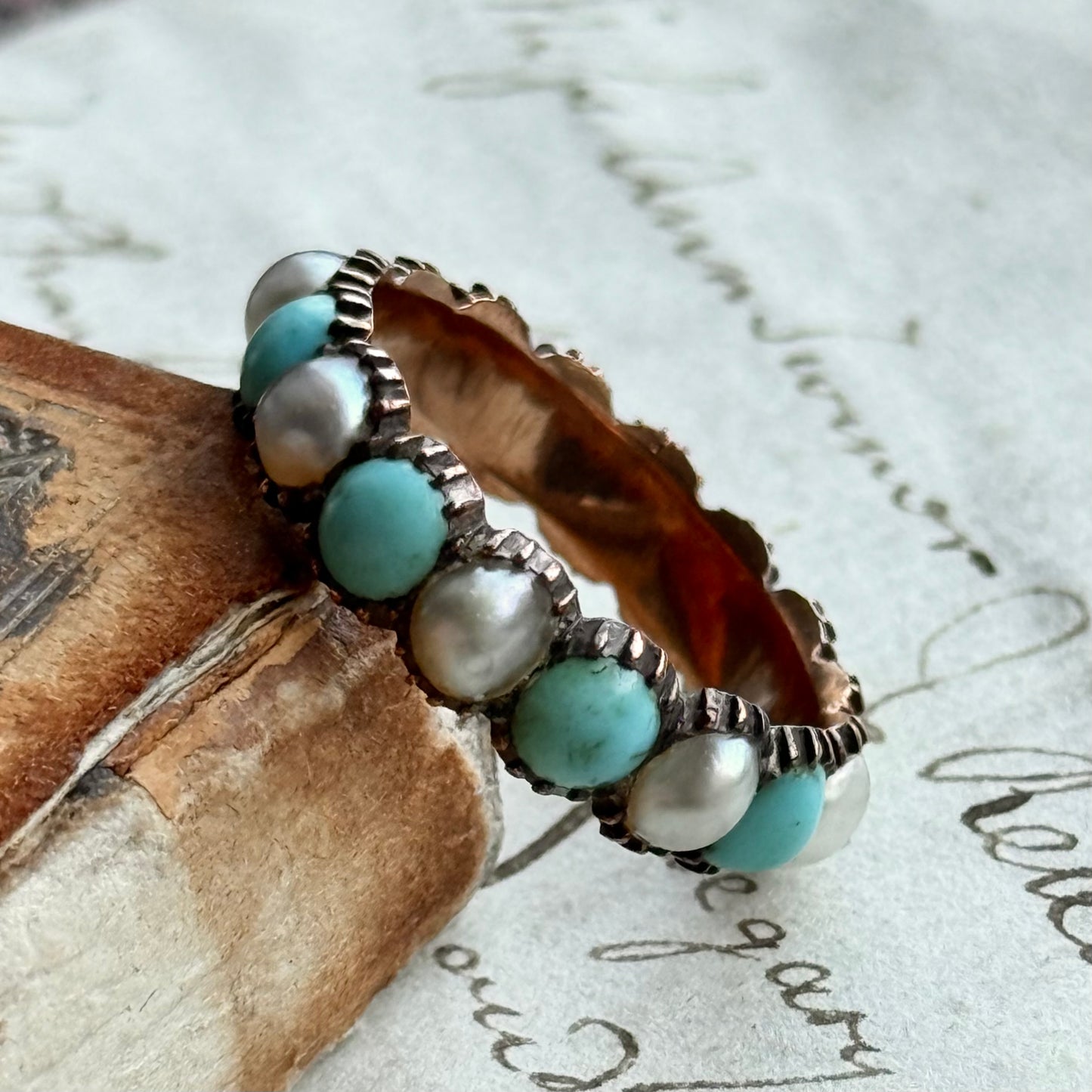 Georgian Rare Turquoise & Pearl Full Eternity in 9 Carat Gold