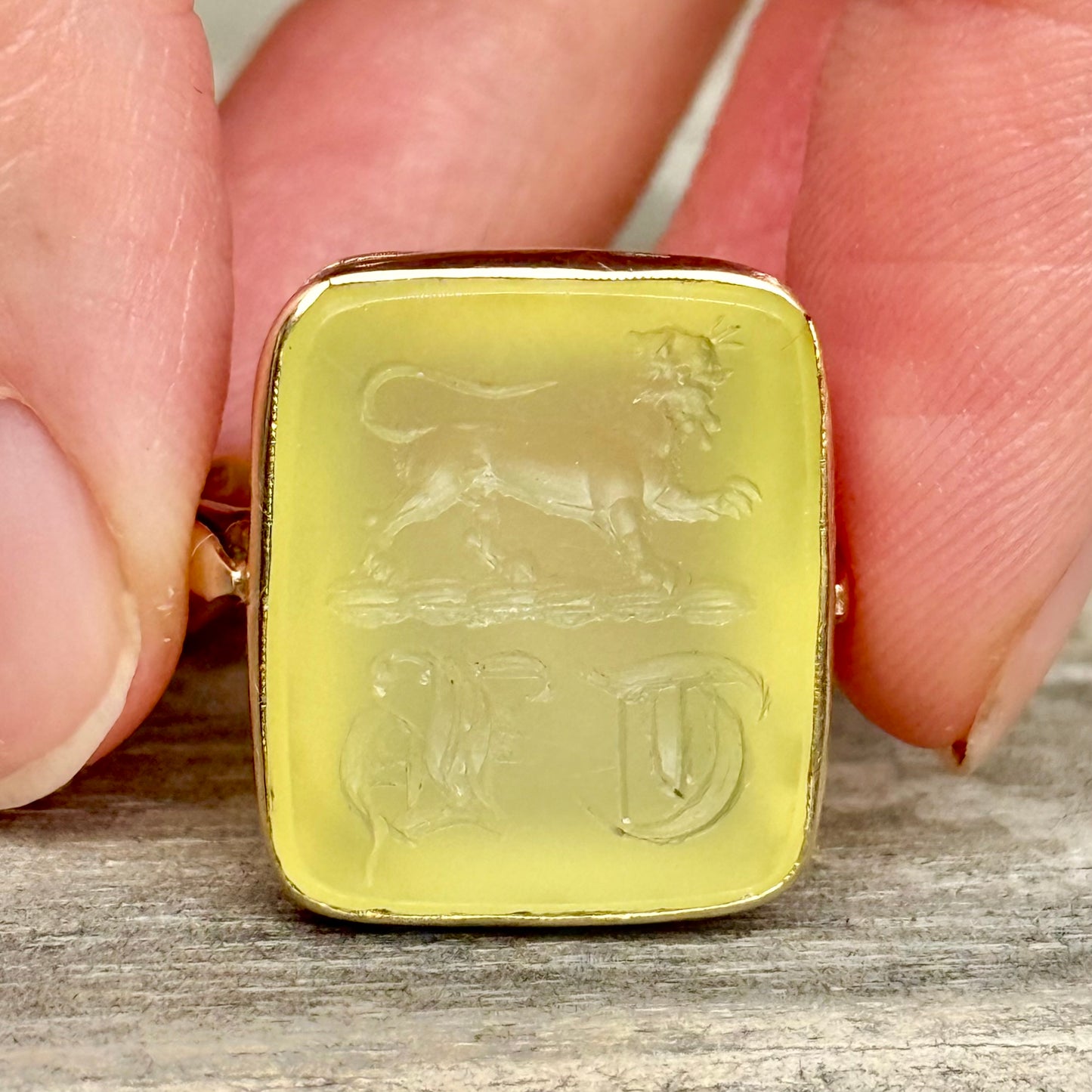 Antique Chrysoprase Intaglio Lion Ring in 9 Carat Gold; Circa 1900