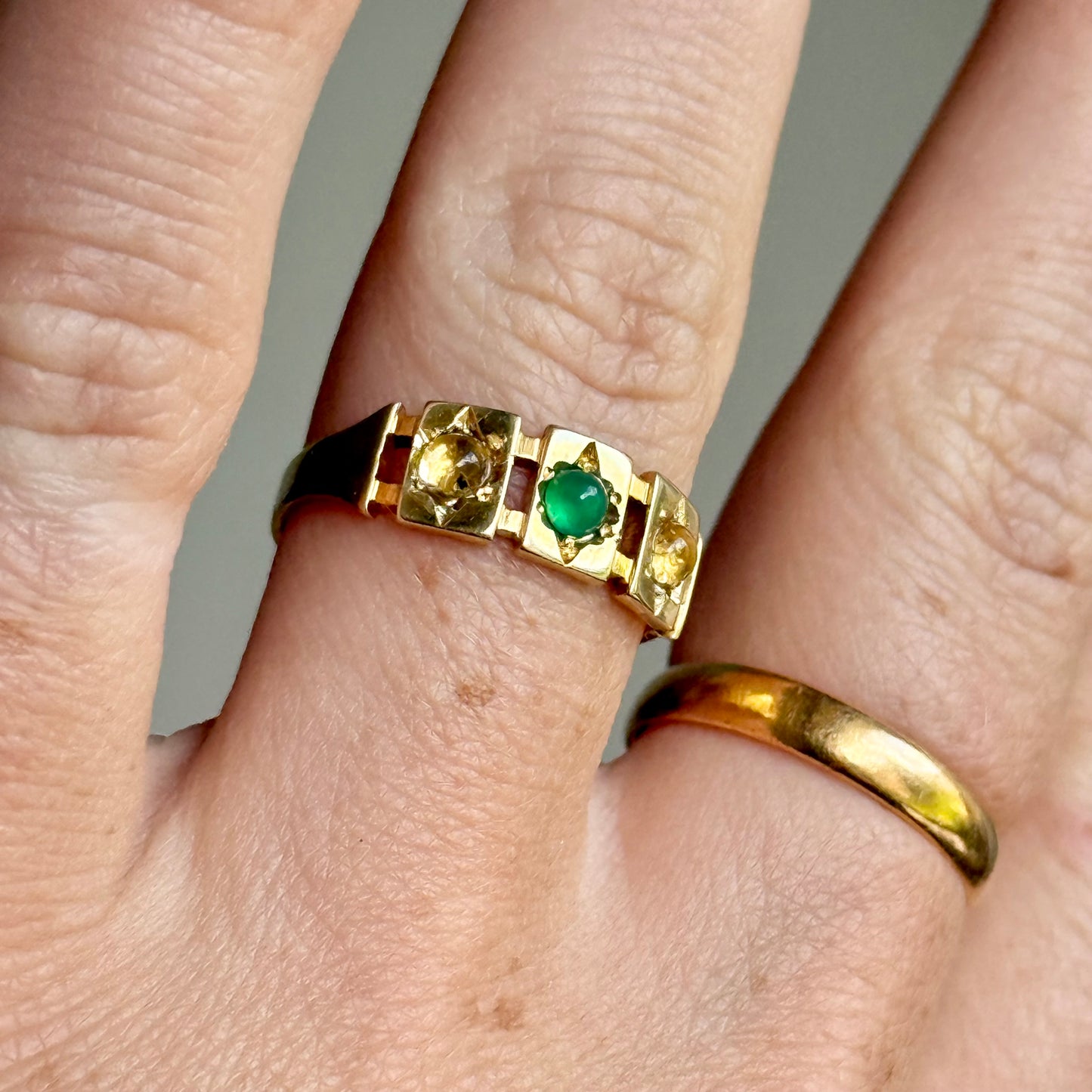 Antique Victorian Citrine & Emerald Ring in 15 Carat Gold