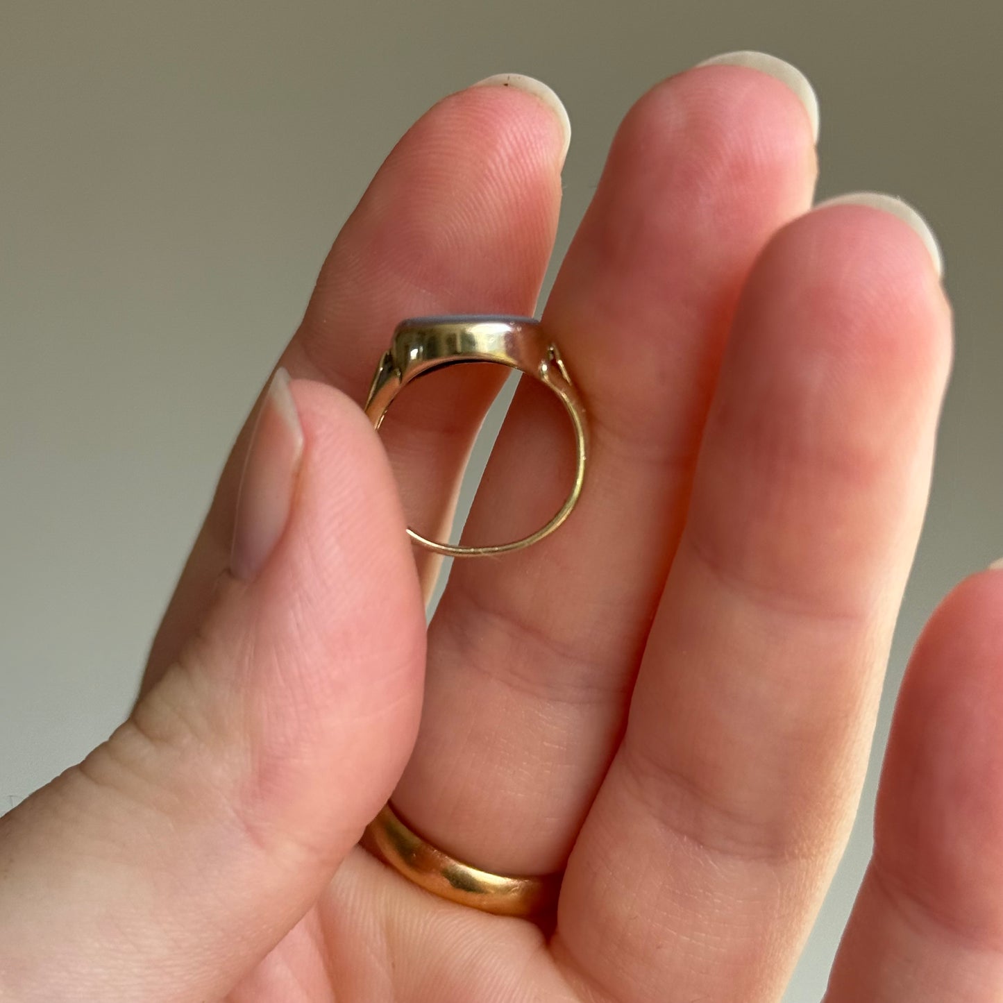 Tiny Sardonyx Hand Intaglio Ring in 9 Carat Gold; Circa 1980