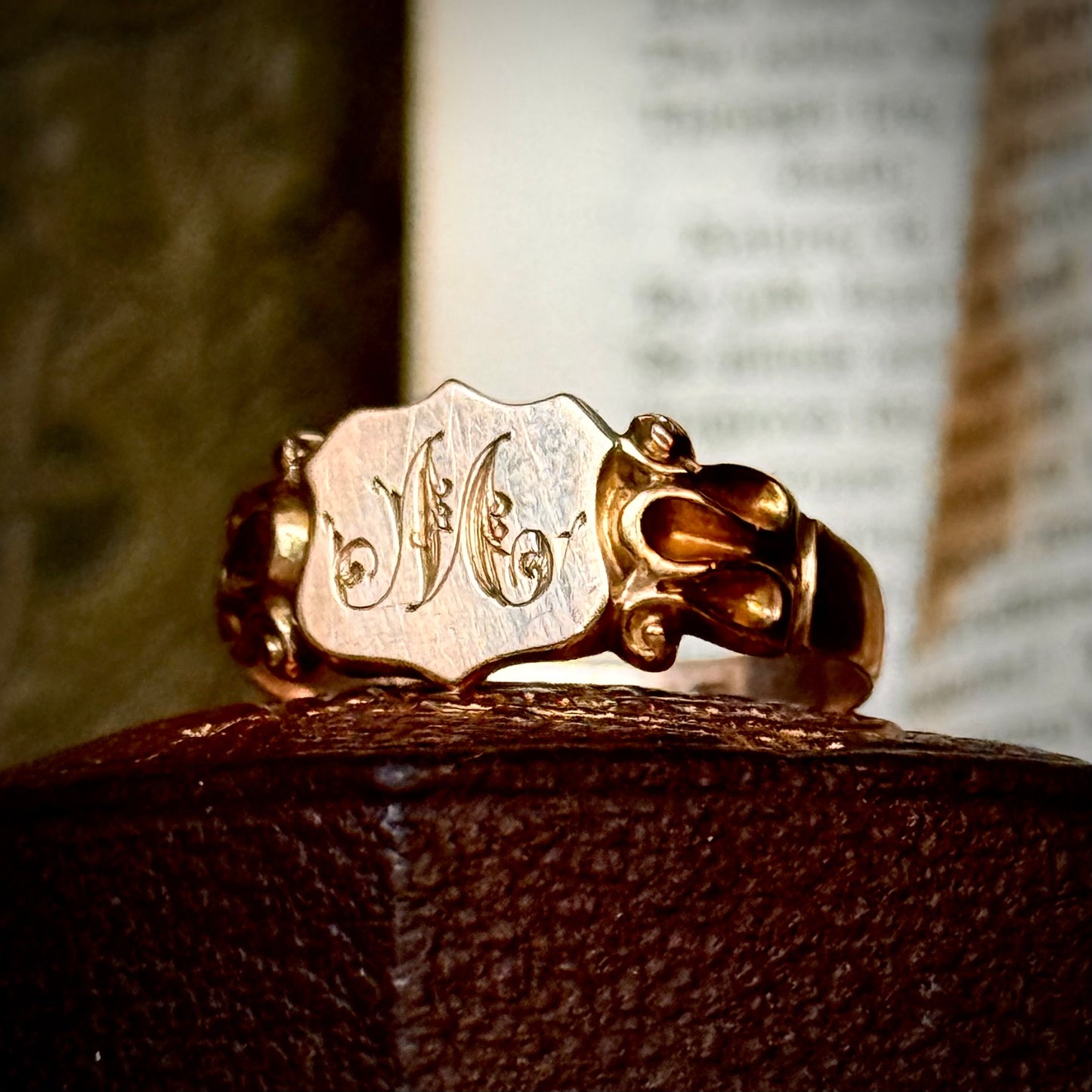 Antique Edwardian Initial 'M' Signet Ring in 9 Carat Gold; Circa 1910