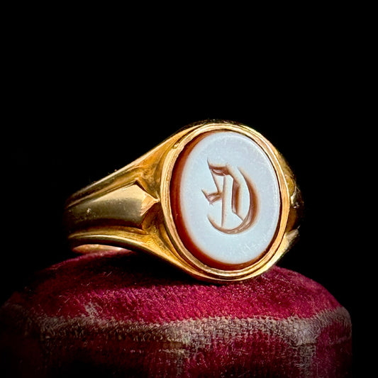 Antique Victorian Sardonyx Monogram 'G'Signet Ring in 15 Carat Gold; Circa 1883
