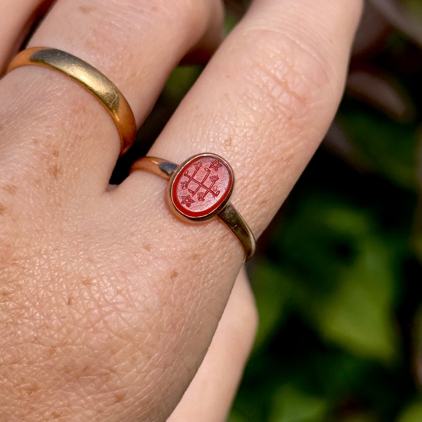 Edwardian Baha’i Ring Stone Ring in 9 Carat Rose Gold; Circa 1900