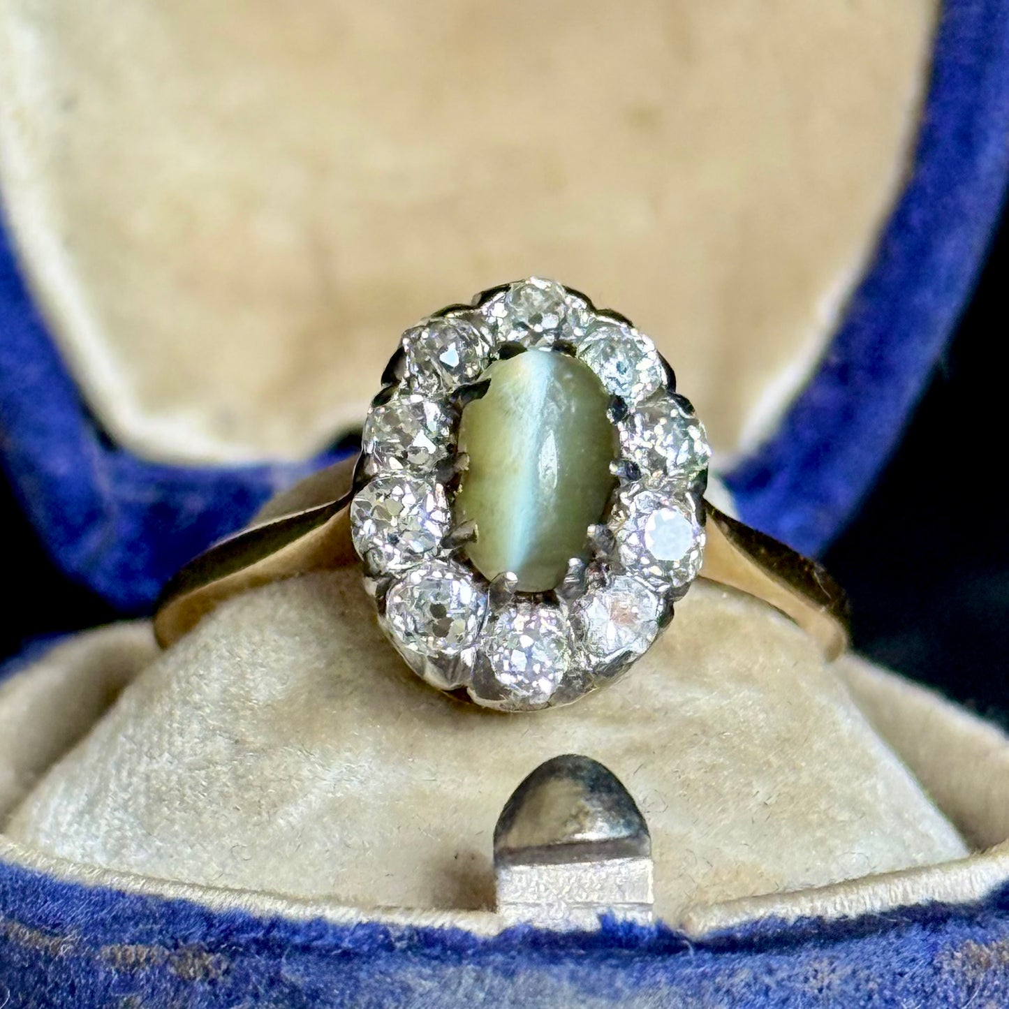 Antique Cat’s Eye Chrysoberyl & Diamond Halo Ring in 18 Carat Gold