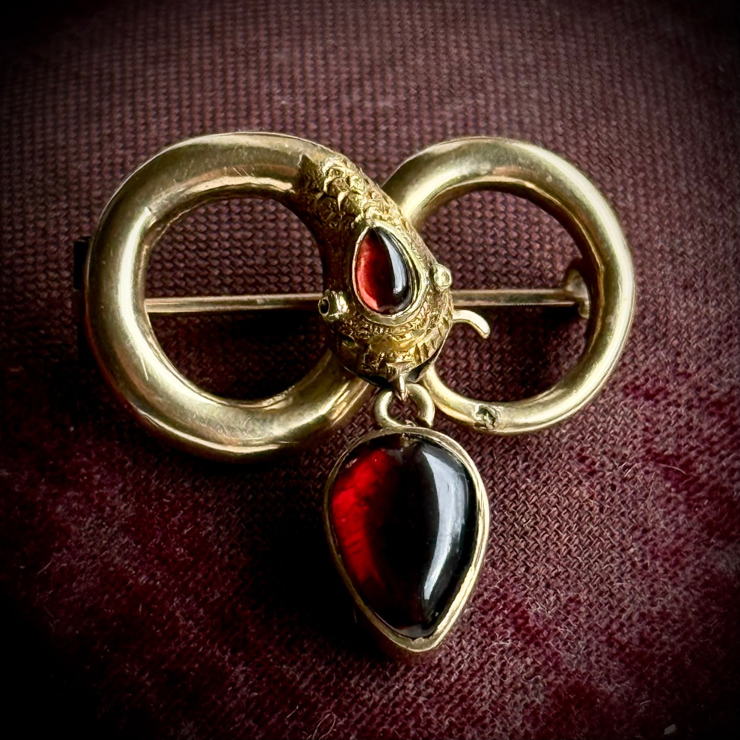 Antique Victorian Garnet Snake Mourning Brooch; Circa 1860
