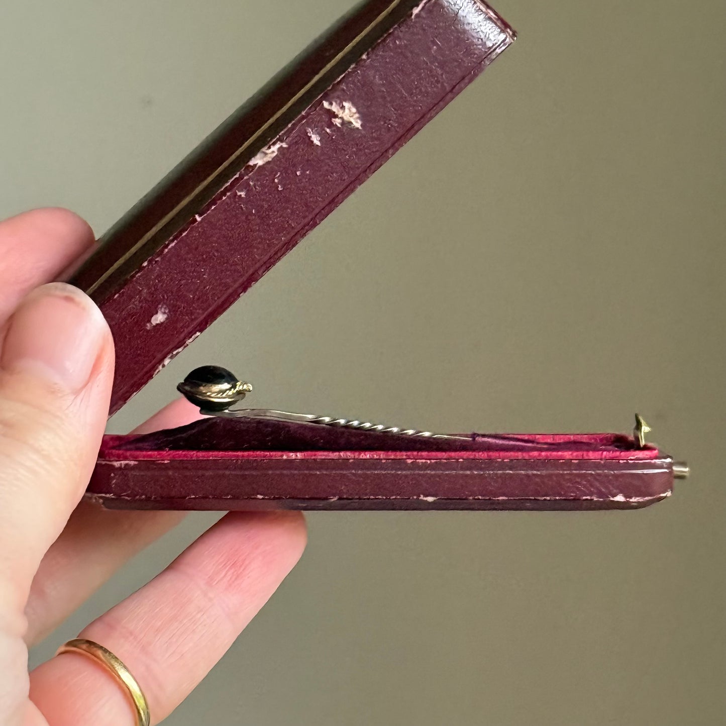 Boxed Antique Victorian Snake Garnet Pin; Circa 1860