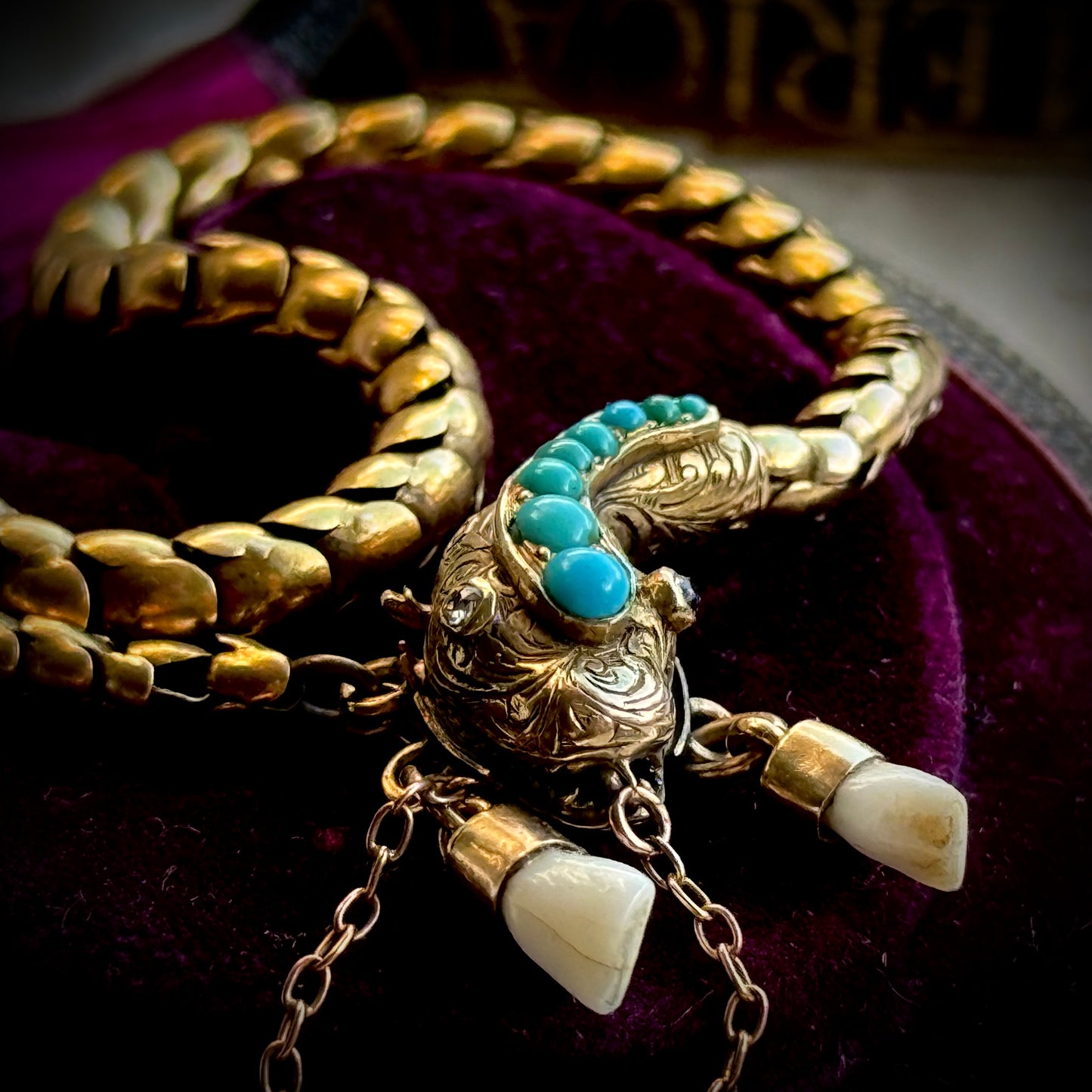 Victorian Diamond & Milk Tooth Snake Bracelet in 15 Carat Gold; Circa 1880