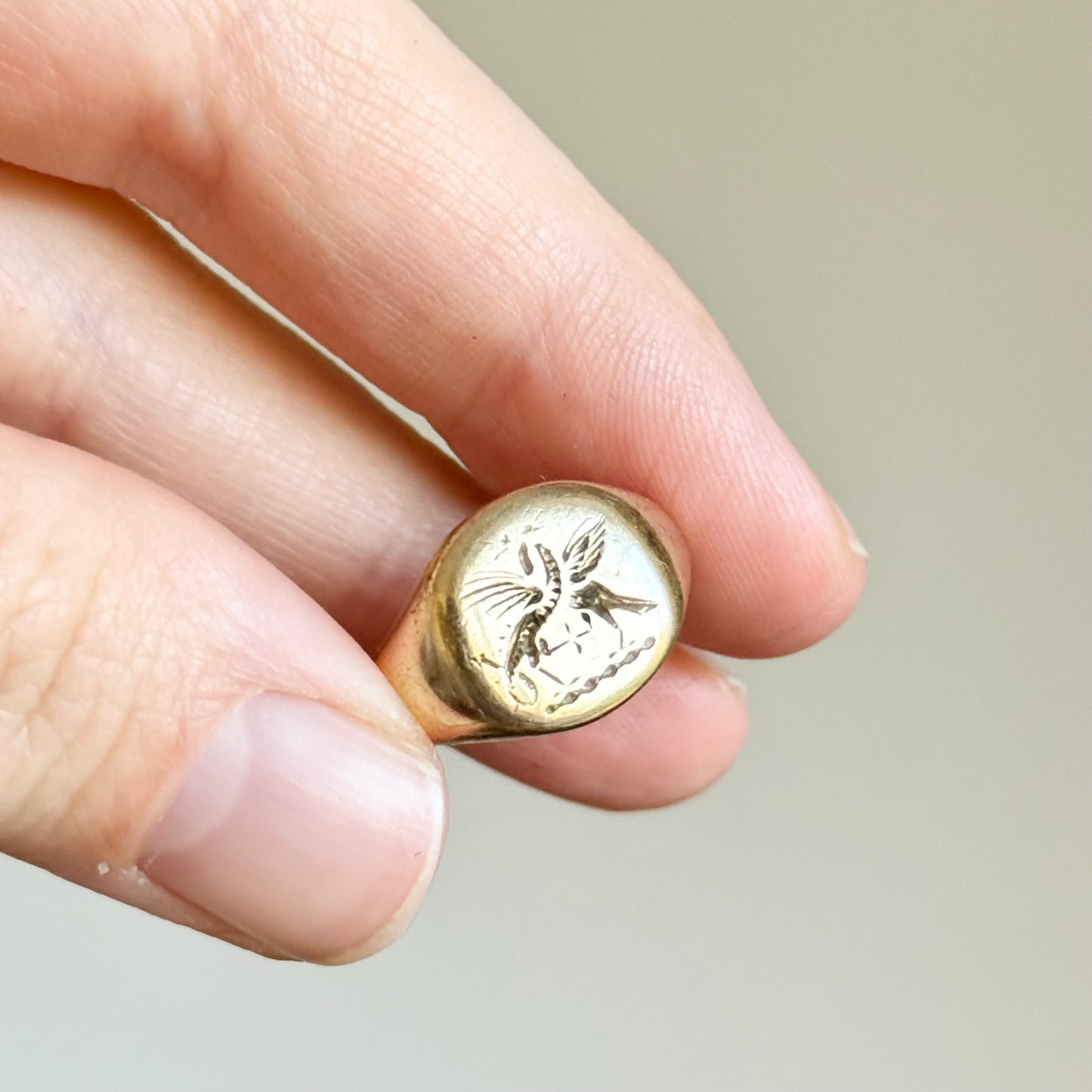 Vintage Duelling Dragons Signet Ring in 9 Carat Gold; Circa 1980