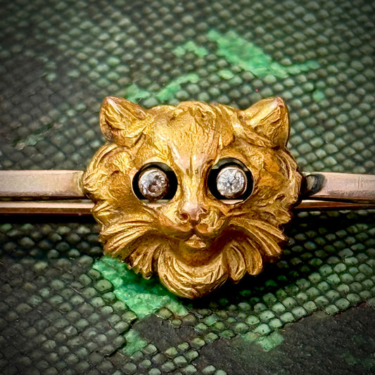 Antique Novelty Diamond Wiggle Eyes Cat Brooch