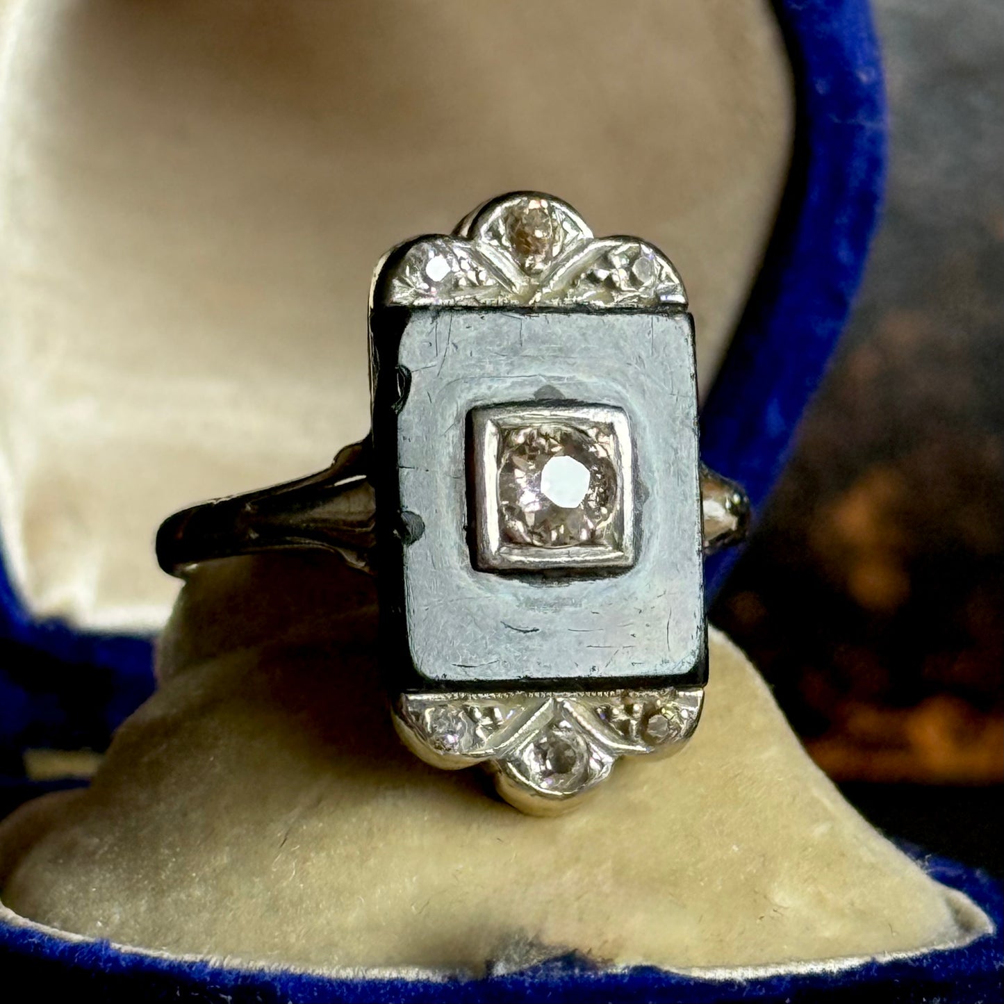 Antique Art Deco Onyx & Diamond Ring; Circa 1920