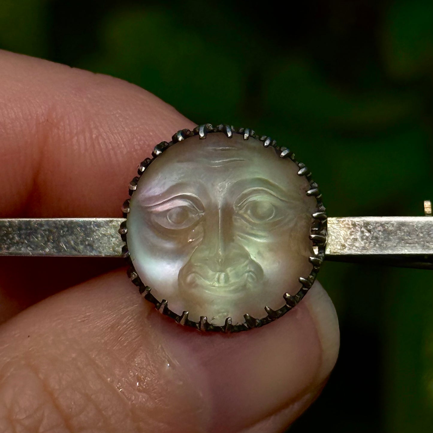 Victorian Man in the Moon Silver Brooch