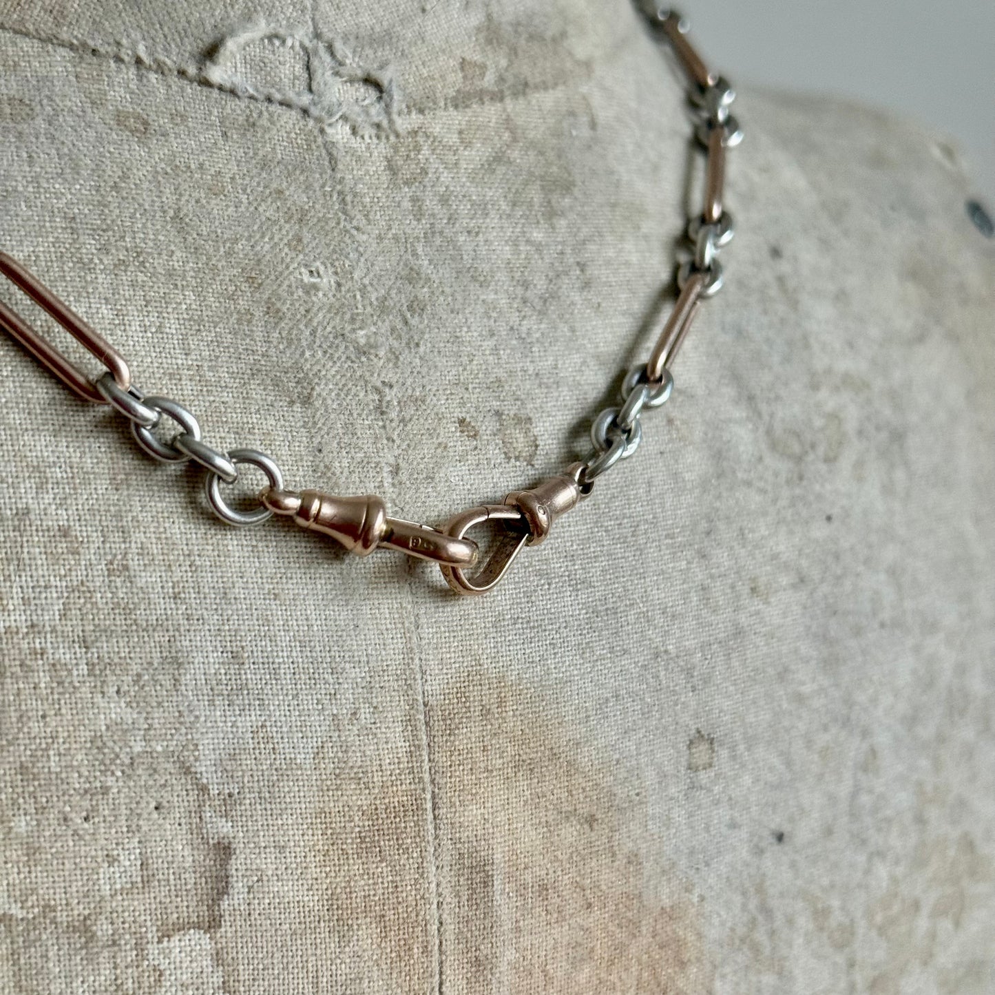 Antique Trombone Rose Gold & Silver Albert Chain; Circa 1880