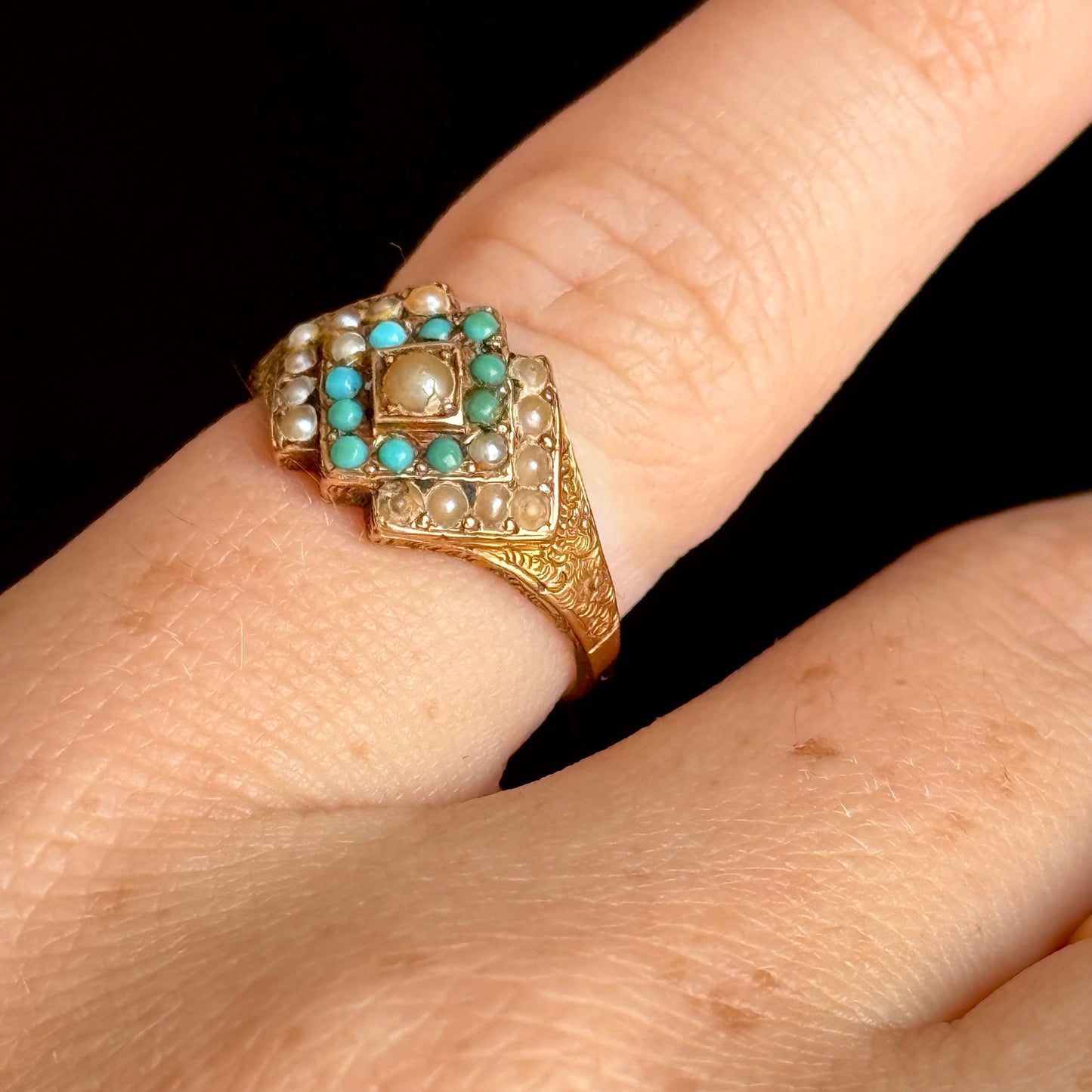 Antique Victorian Peal & Turquoise Ring in 15 Carat Gold; Circa 1870