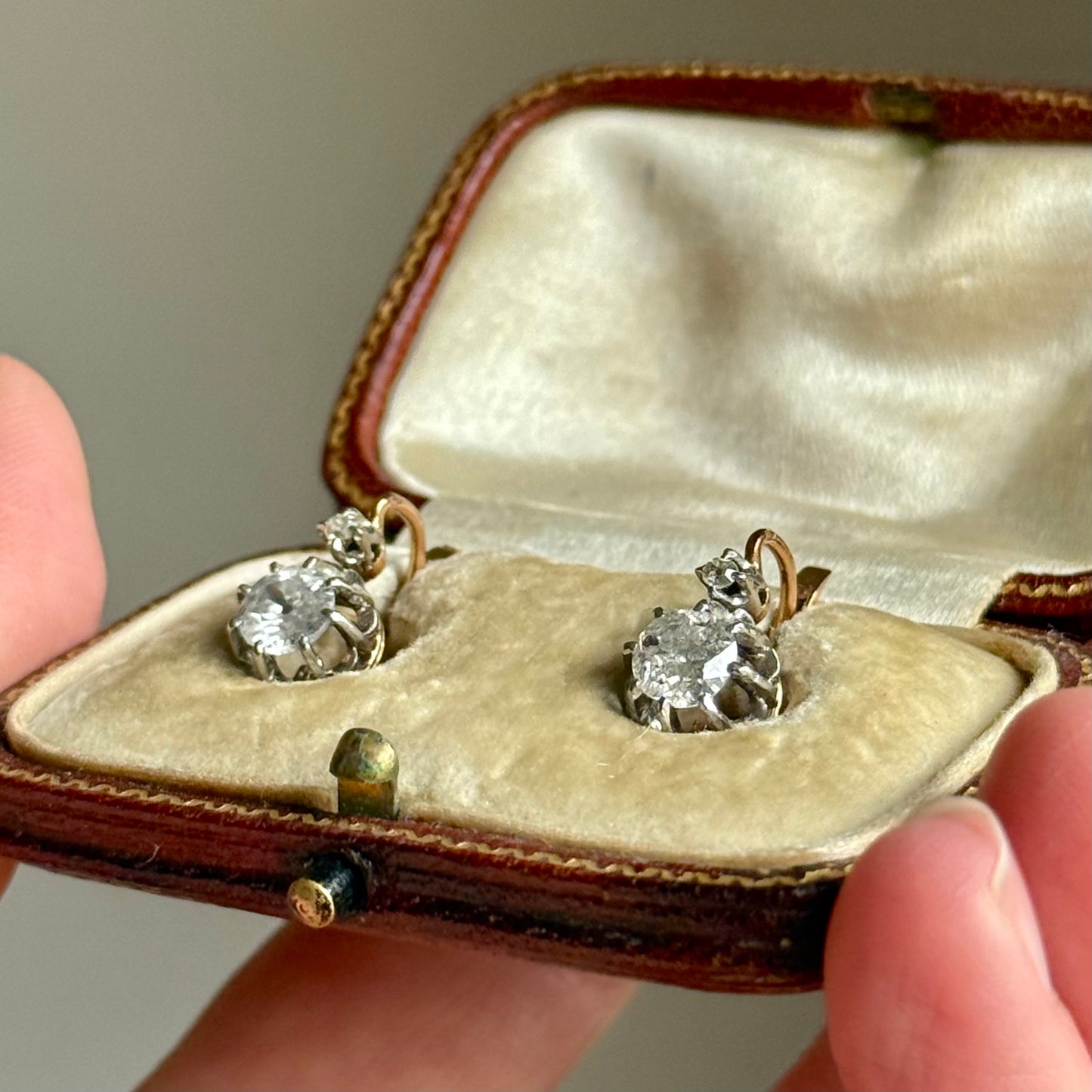 Antique French Diamond Earrings in 18 Carat Gold with Original Box