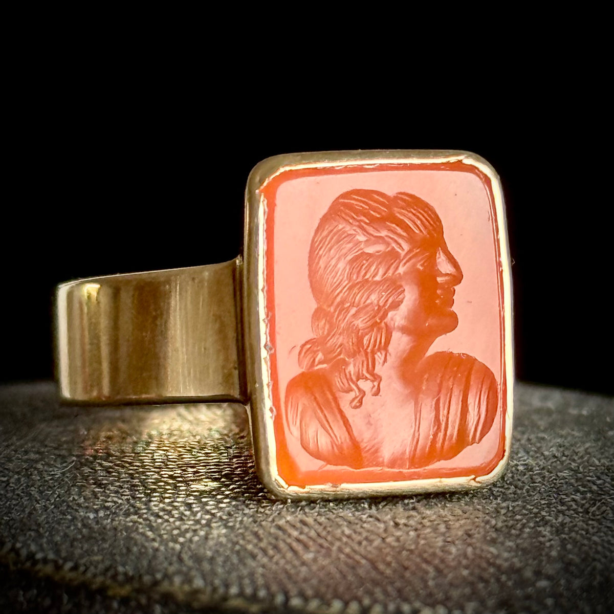 Antique Carnelian Female Intaglio Ring in 9 Carat Gold; Circa 1850