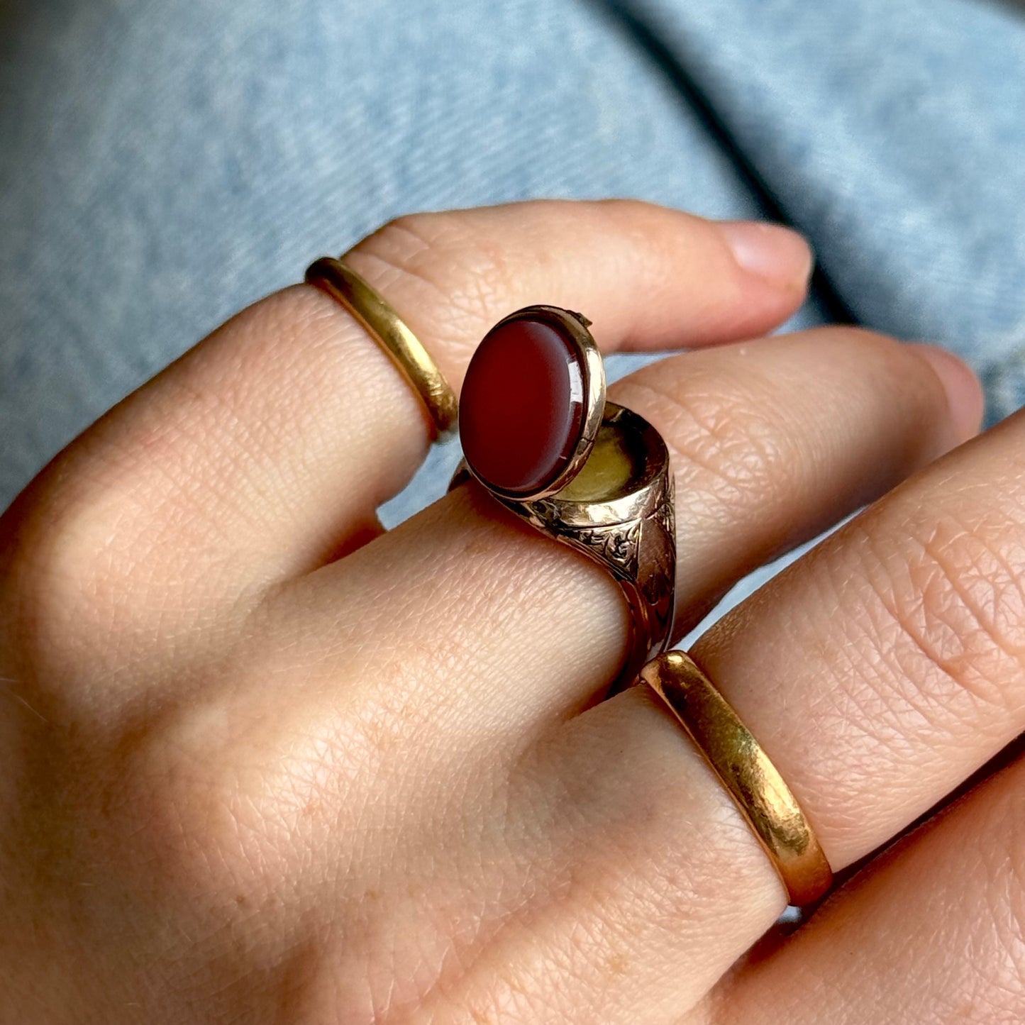 Antique Poison Sardonyx Signet Ring  in 10 Carat Gold; Circa 1870