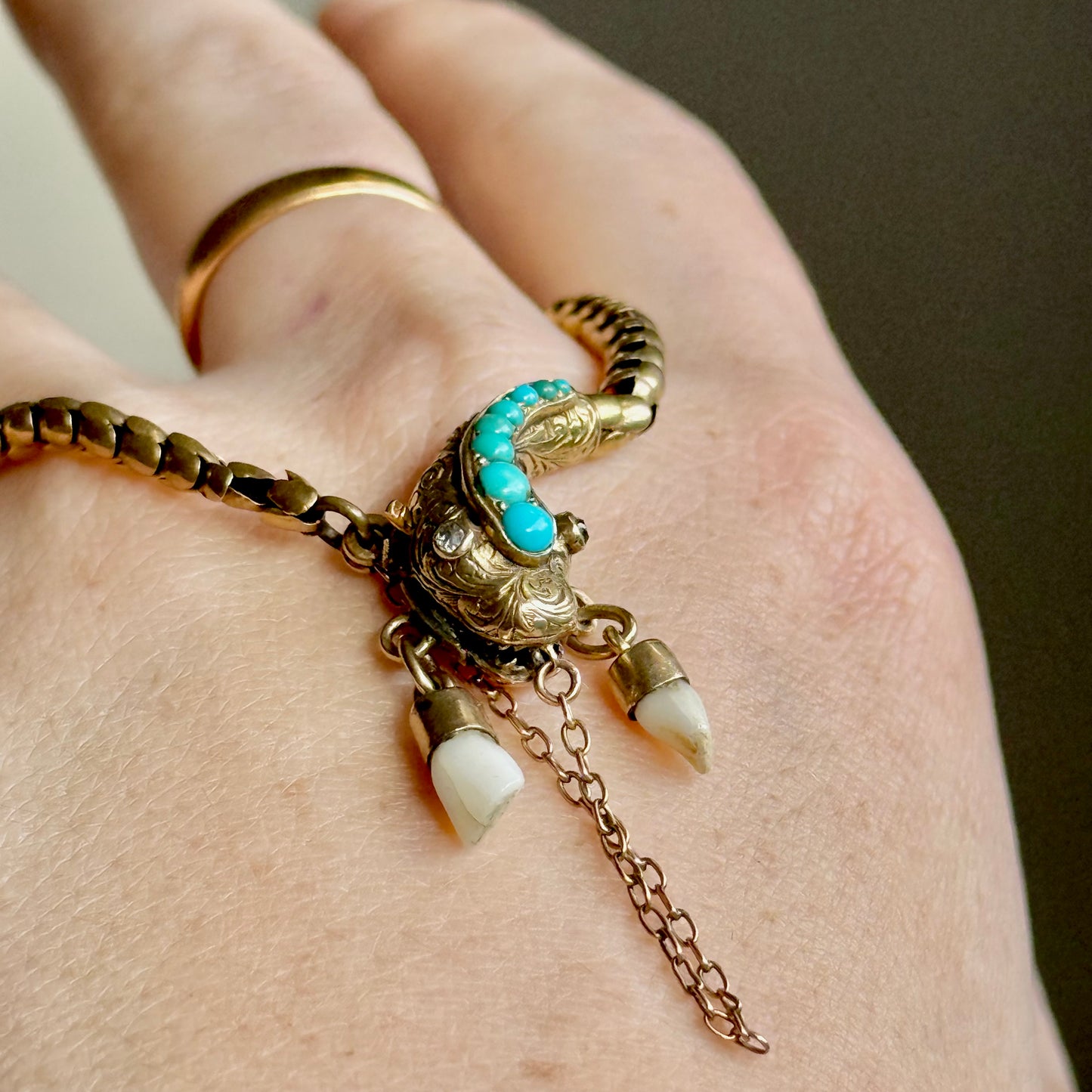 Victorian Diamond & Milk Tooth Snake Bracelet in 15 Carat Gold; Circa 1880