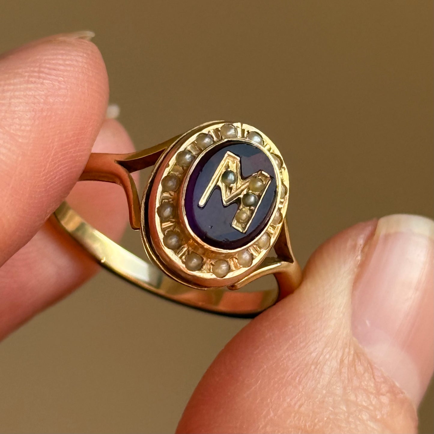 Antique Purple Paste & Pearl Initial 'M' Ring in 9 Carat Gold
