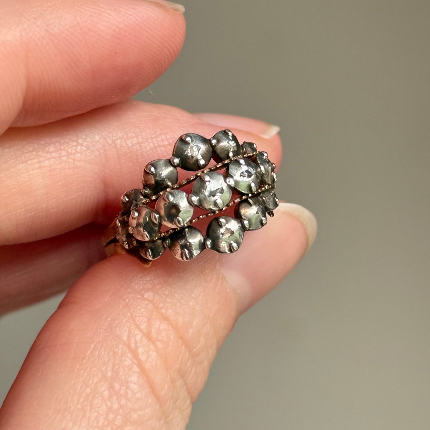 Antique Georgian Rose Cut Diamond Ring Gold and Silver; Circa 1820