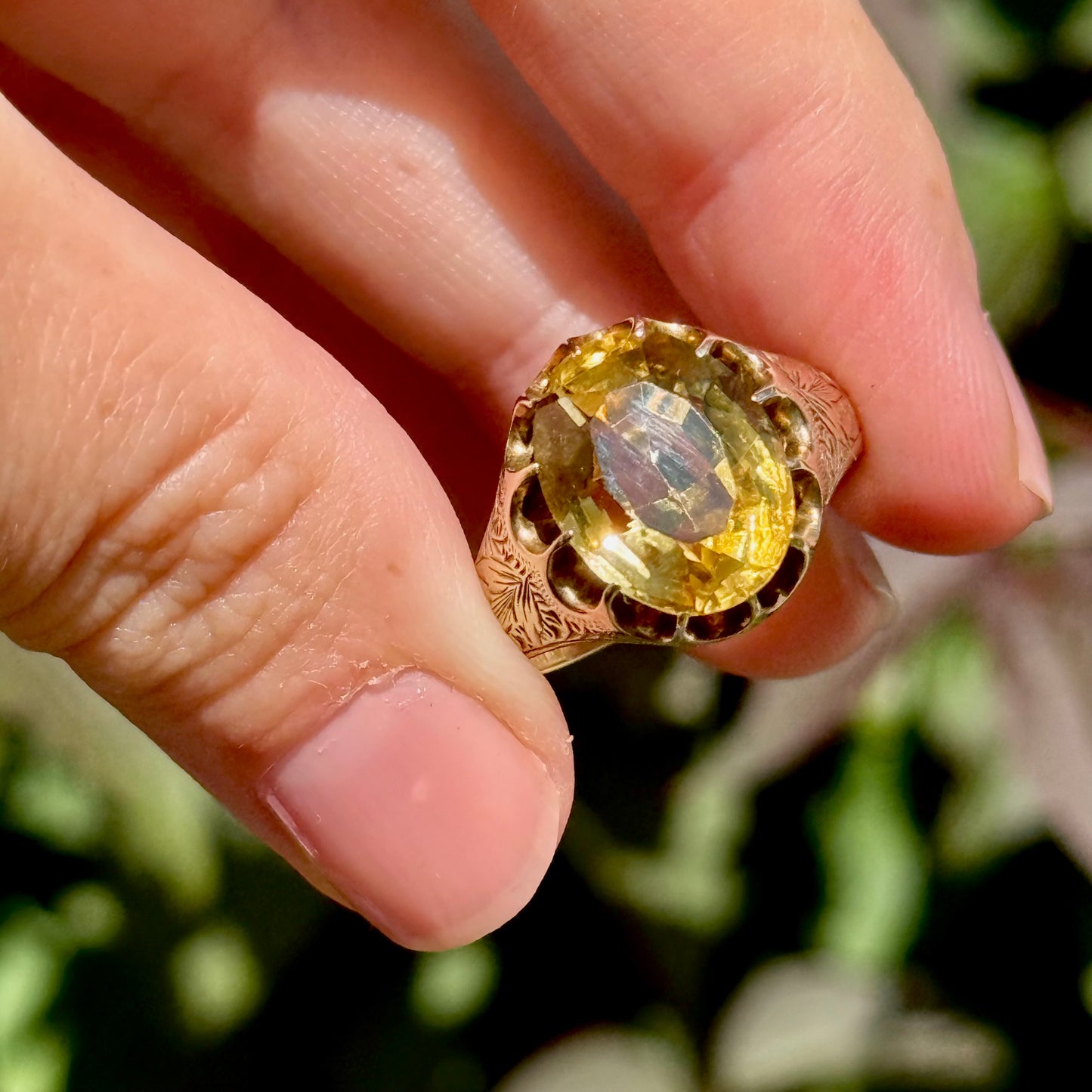 Victorian Citrine Engraved Ring in 9 Carat Gold ; Circa 1900