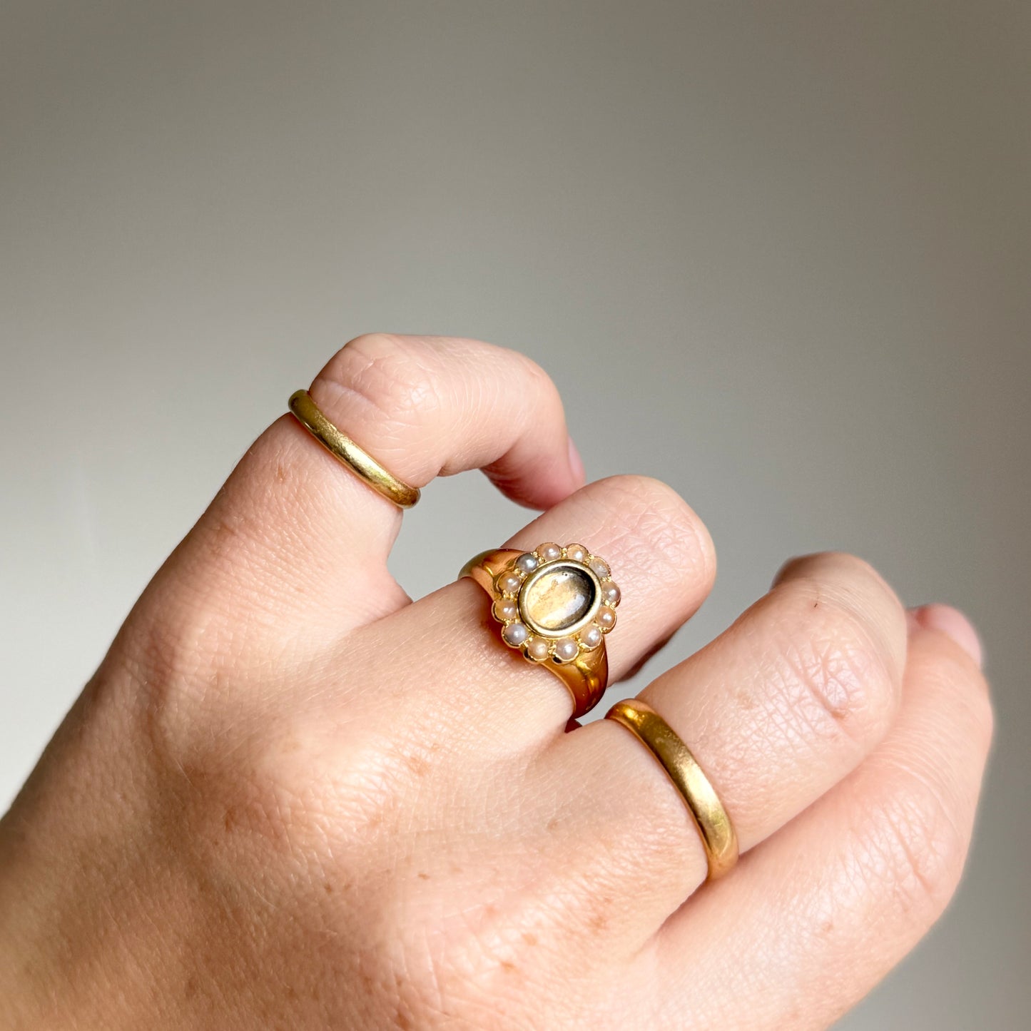 Antique Pearl Locket Ring in 18 Carat Gold; Circa 1917