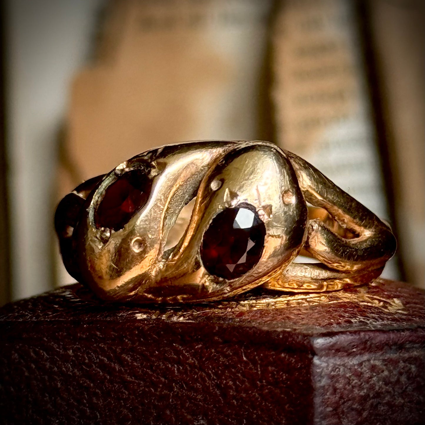 Vintage Garnet Double Snake Ring in 9 Carat Gold