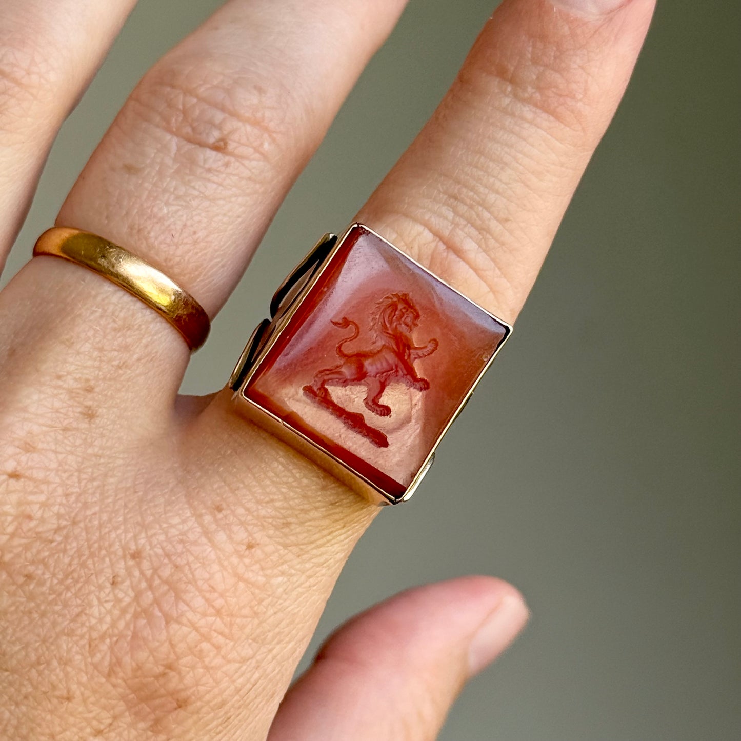Substantial Antique Carnelian Intaglio Ring in 9 Carat Gold