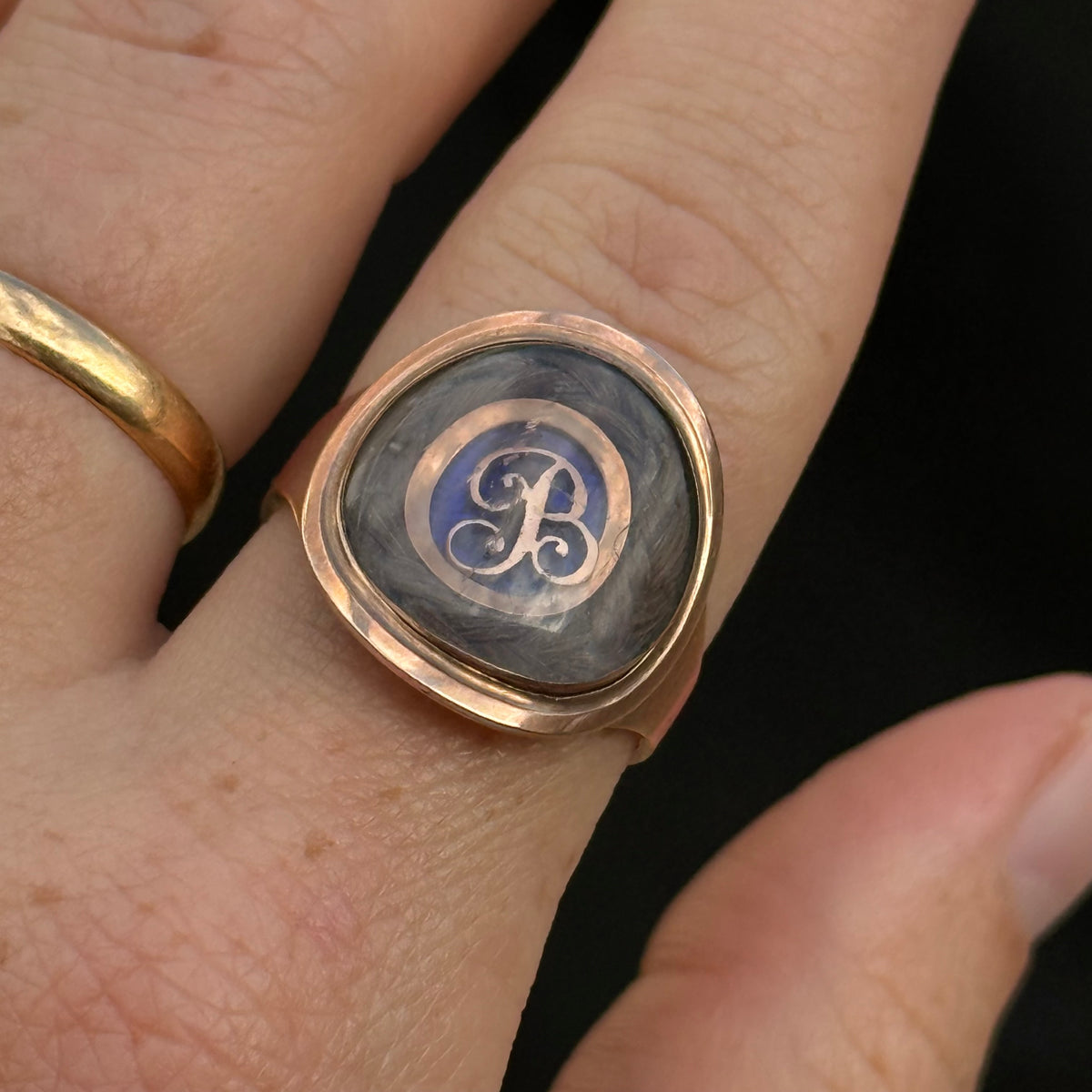 Antique Georgian Mourning Ring in 9 Carat Rose Gold; circa 1795
