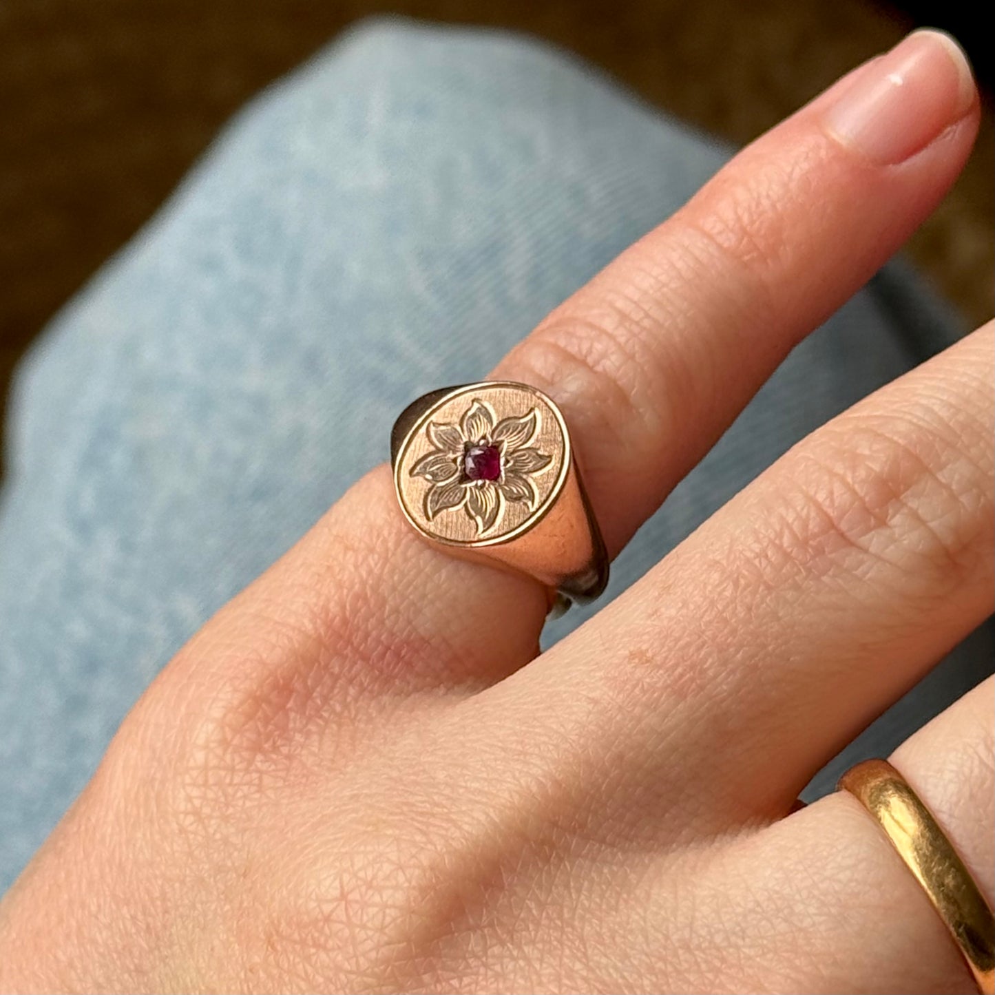 Antique Ruby Floral Signet Ring in 9 Carat Rose Gold; Circa 1919