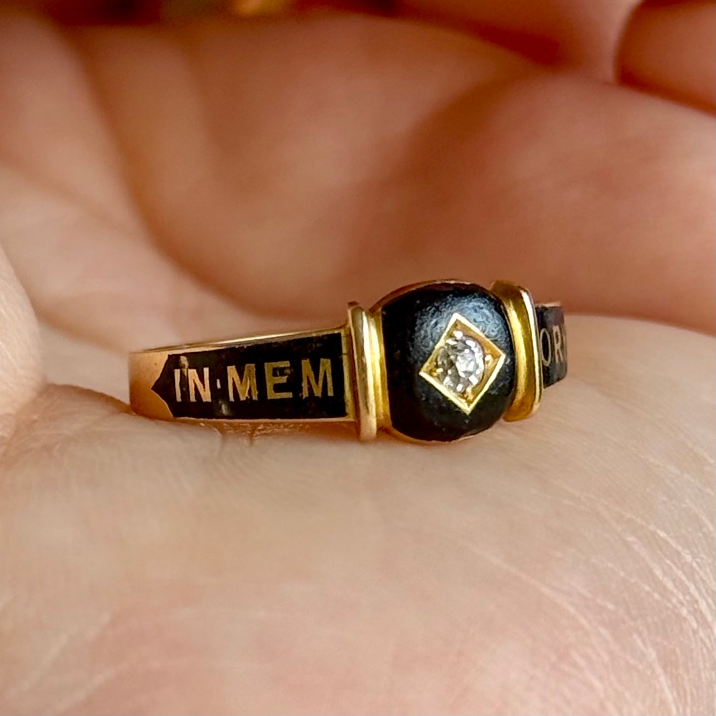 Antique Victorian Diamond Enamel Mourning Ring in 18 Carat Gold; Circa 1894