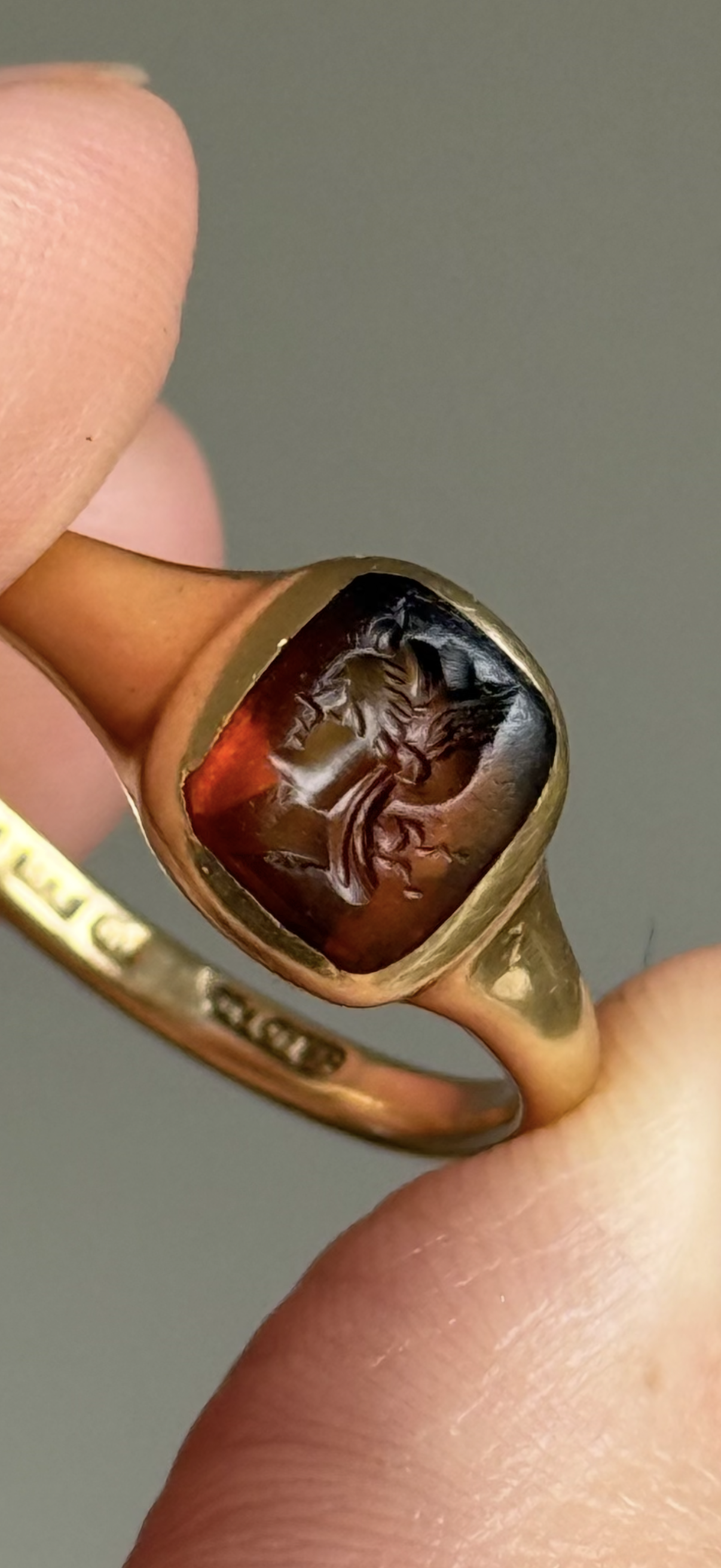 Edwardian 18 Carat Gold Intaglio Ring Depicting the Goddess Diana, Circa 910