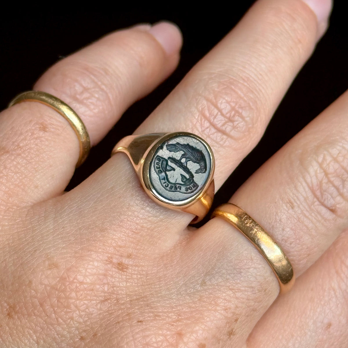 Vintage Bloodstone Raven Ring in 9 Carat Gold; circa 1968