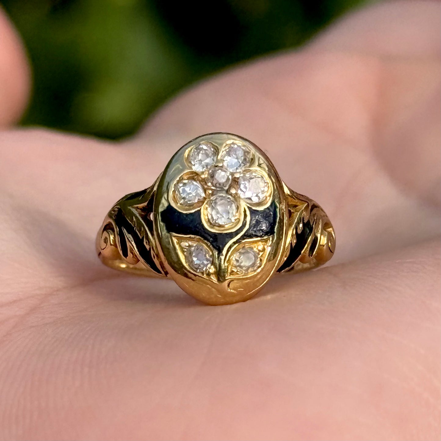 Antique Victorian Diamond Mourning Ring in 18 Carat Gold; Circa 1863