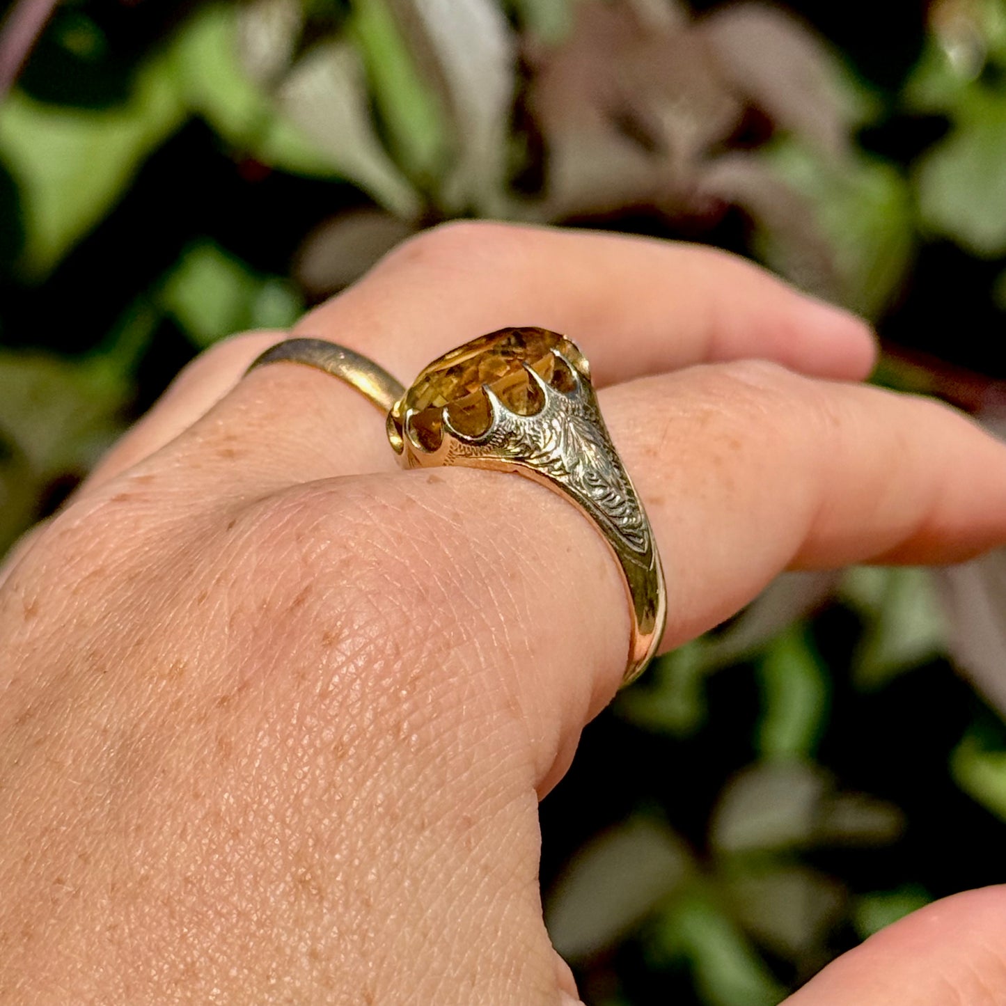 Victorian Citrine Engraved Ring in 9 Carat Gold ; Circa 1900