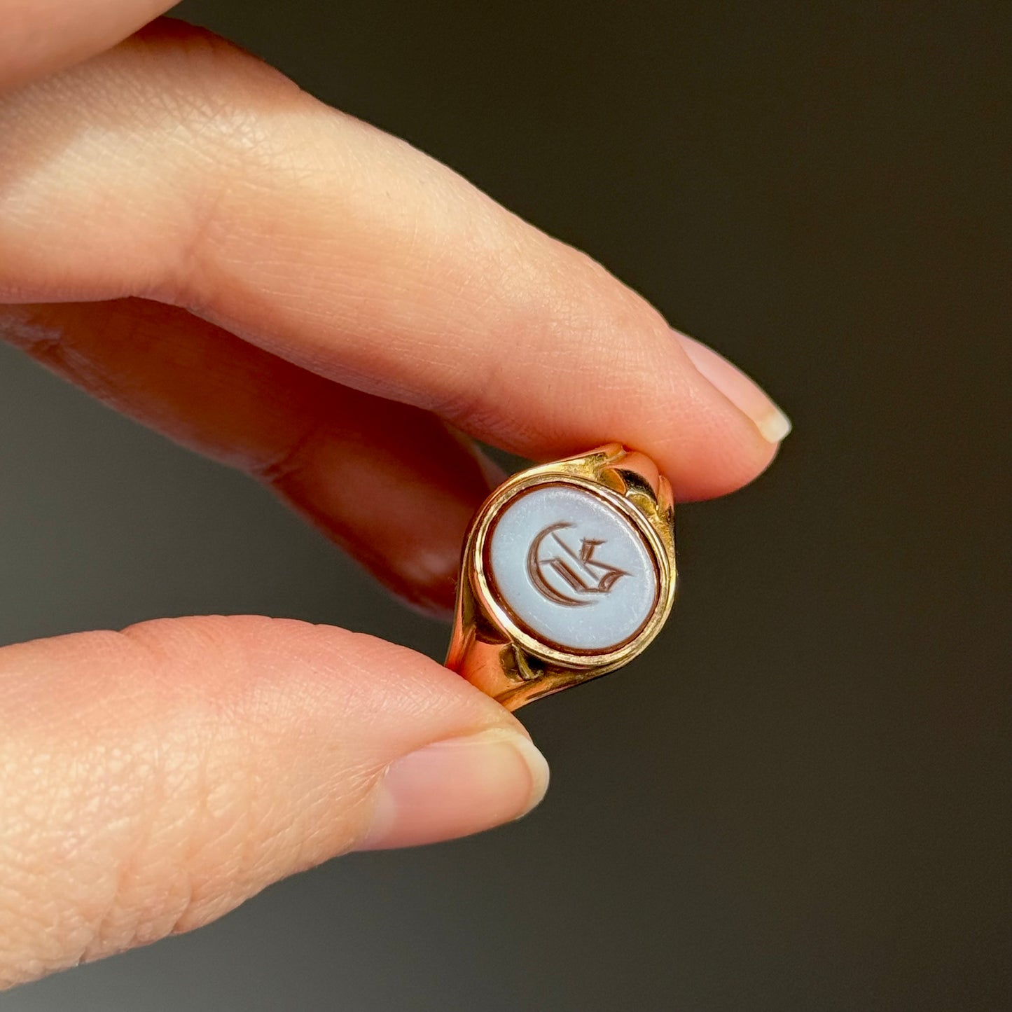 Antique Victorian Sardonyx Monogram 'G'Signet Ring in 15 Carat Gold; Circa 1883