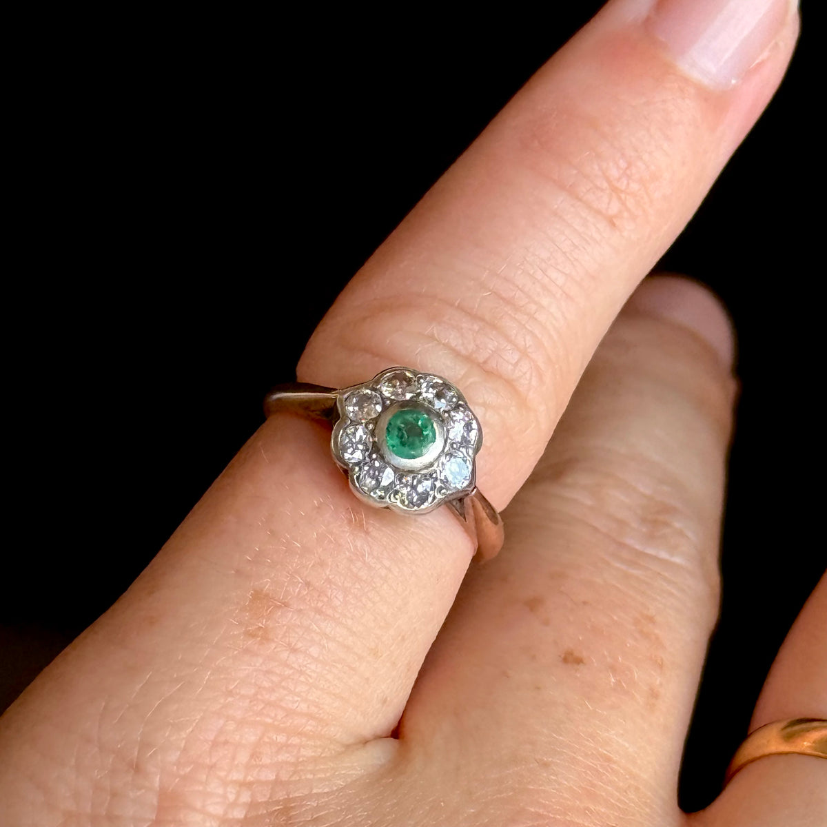 Antique Emerald & Diamond Cluster Ring; Circa 1895