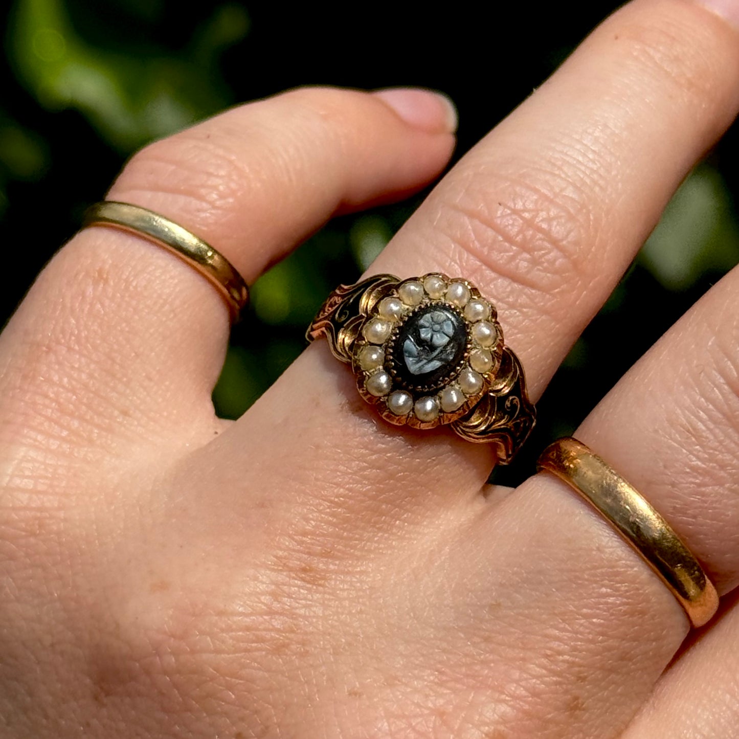 Antique Forget Me Not Mourning Ring in 18 Carat Gold; Circa 1851