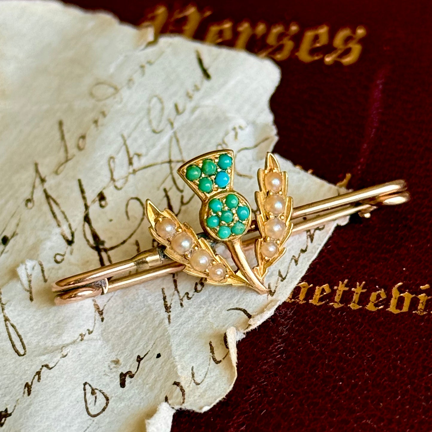 Antique Thistle Pearl & Turquoise 9 Carat Gold Brooch