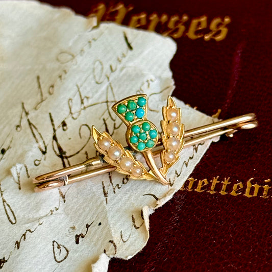 Antique Thistle Pearl & Turquoise 9 Carat Gold Brooch