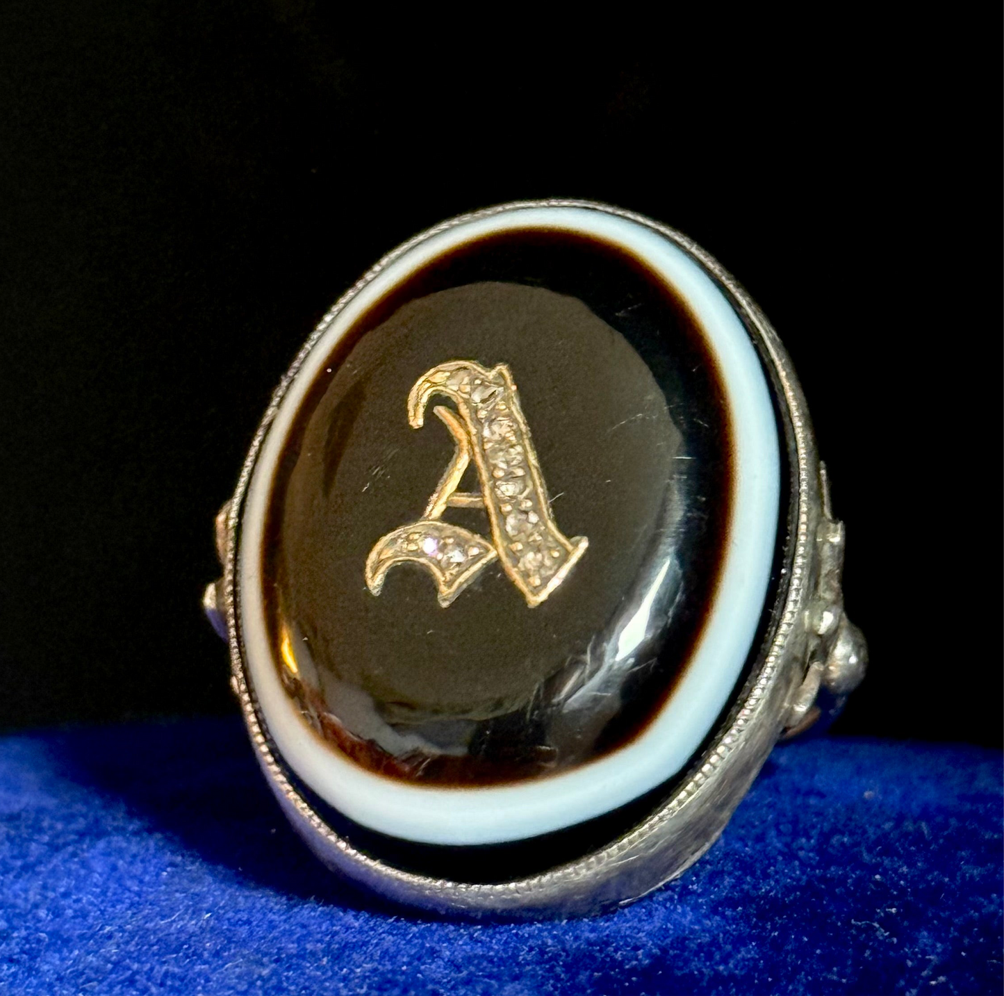 Victorian Banded Agate Diamond 'A' Ring in Sterling Silver Circa 1880